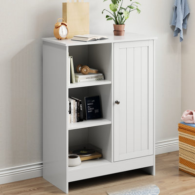 Armoire blanche autoportante pour salle de bain Bureau 24,13 po x 11,76 po 31,5 po avec tablettes réglables 1 3 compartiments ouverts Poignées argentées Rangement de cuisine et tablettes cachées Base stable
