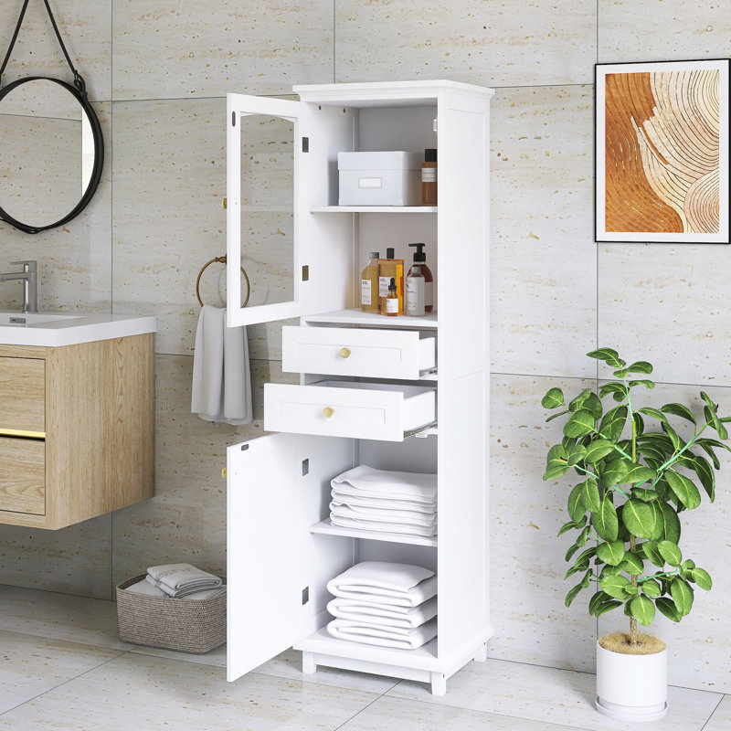 63" Tall Bathroom Freestanding Cabinet With Adjustable Shelves, White