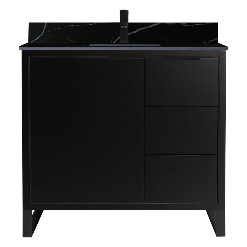 Meuble-lavabo sur pied simple 36 po avec plateau en pierre Gesel, Noir mat, Noir mat, Noir