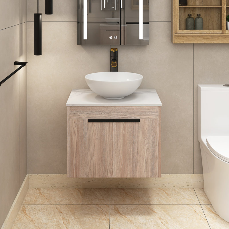Meuble-lavabo simple 24 po avec lavabo en céramique et plateau en pierre blanche Balins