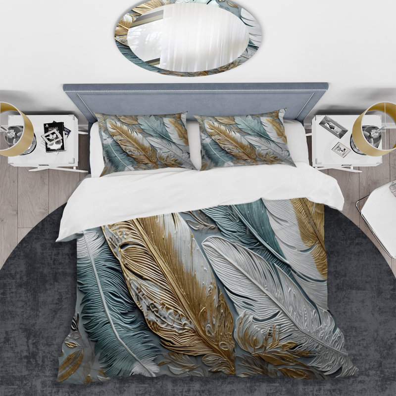Ensemble de housse de couette en microfibre / polyester Gold Gilded Feathers
