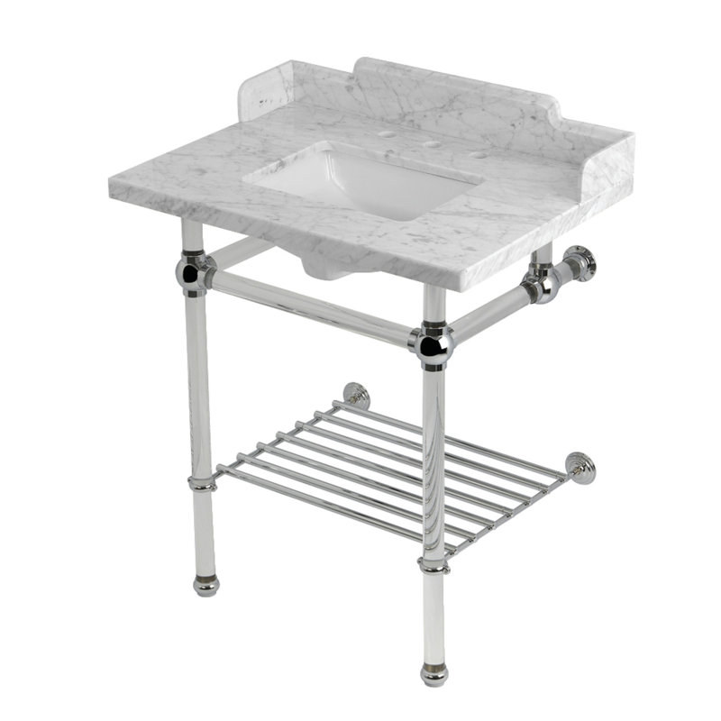 Kingston Brass Pemberton 30-Inch Carrara Marble Console Sink with Acrylic Legs and Shelf (8-Inch, 3-Hole)