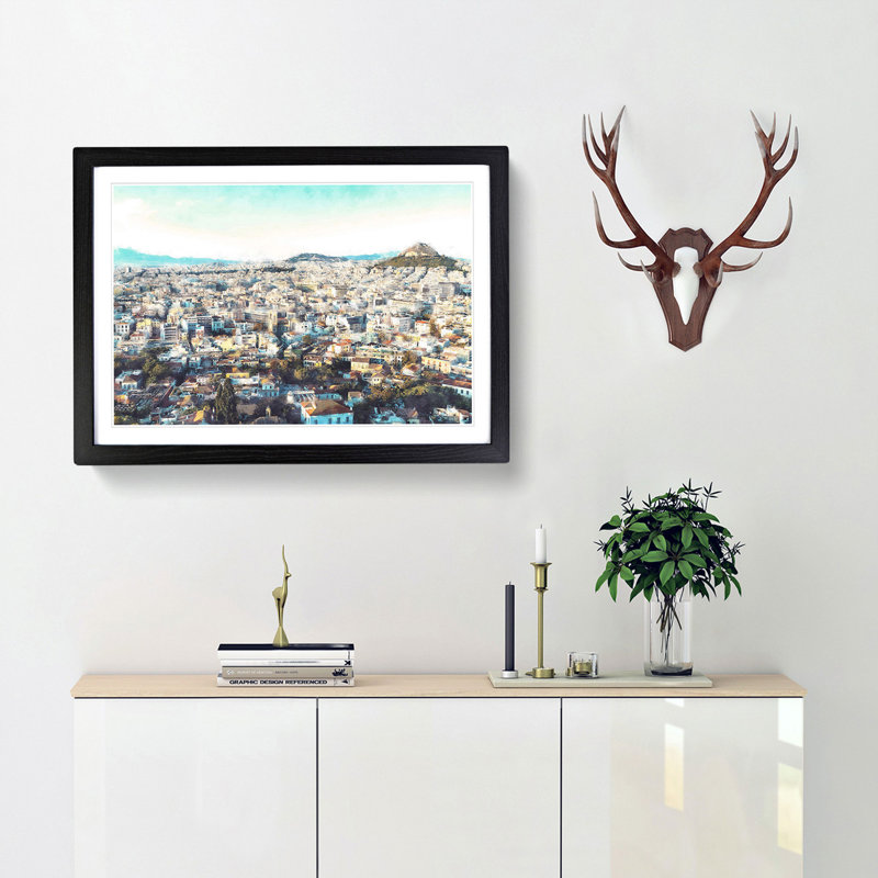 Athens Skyline In Greece - Single Picture Frame Painting on MDF, 33cm H x 45cm W x 2cm D, Black