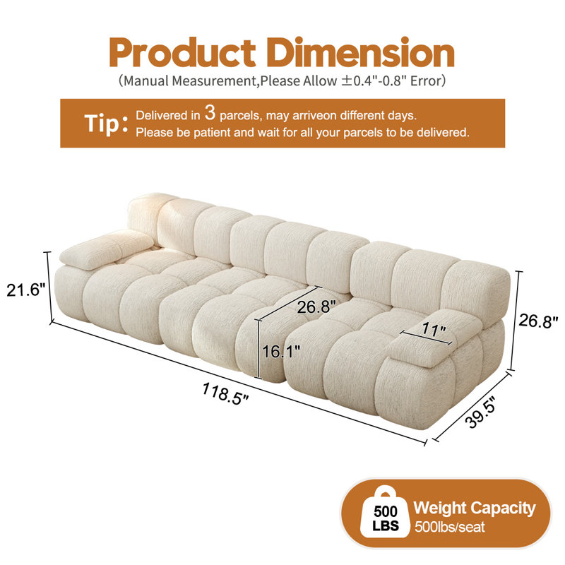 Boneless Modern 118.5" Compression High-Density Foam Sofa, Beige, 3 Seater - A