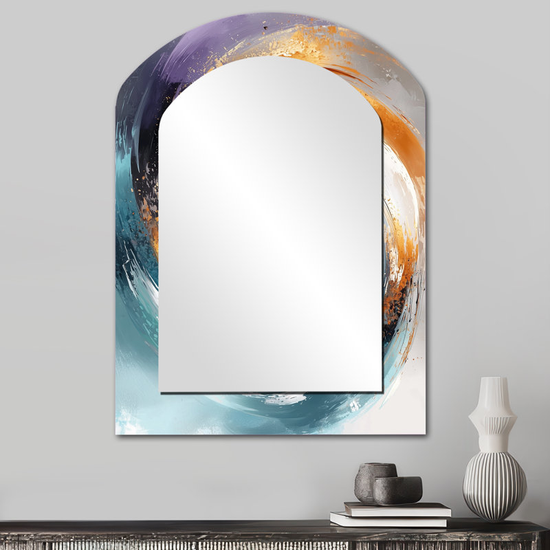 Blue And Gold Fractal Vortex II - Abstract Spirals Arch Decorative Mirror, Modern Asymmetrical Large Wall Mirror, Printed Metal Art