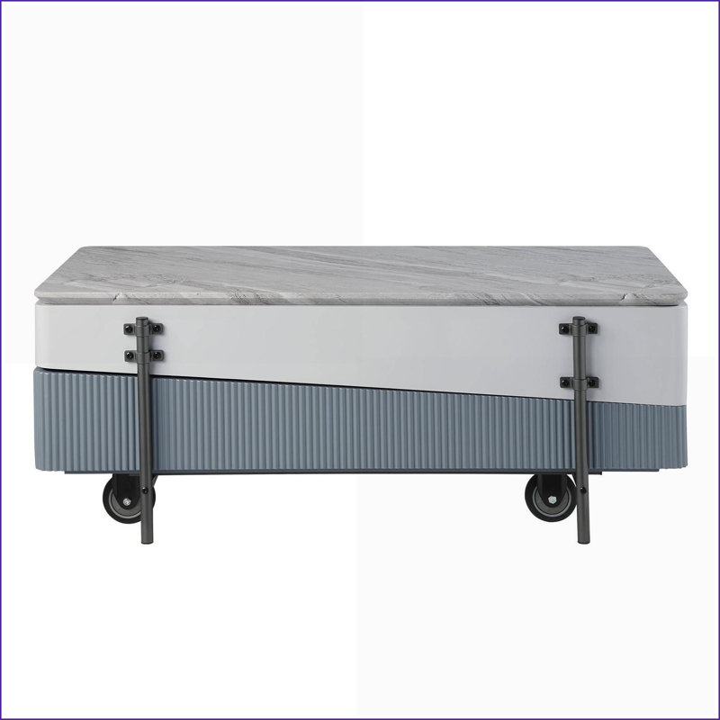 Table basse à plateau relevable gris et blanc avec rangement polyvalent et polyvalent