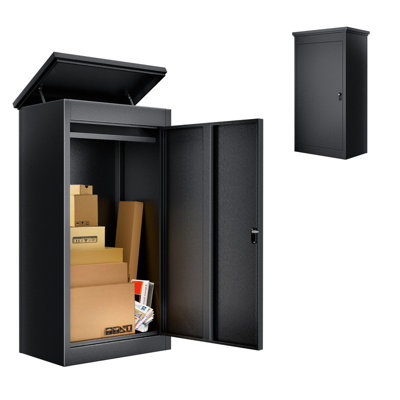 Outdoor Secure Parcel Drop Box, Lockable Galvanised Steel Large Front Garden Package Storage Locker,(53×42×105cm, Black)