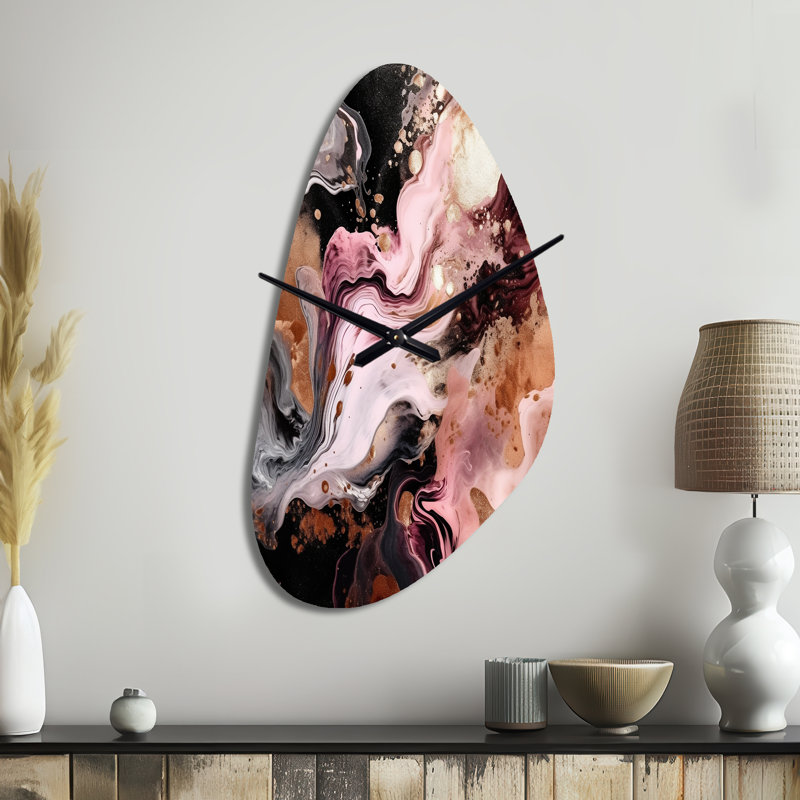 Horloge murale en métal rose, noir et agate chromatique abstraite de forme irrégulière, Grand