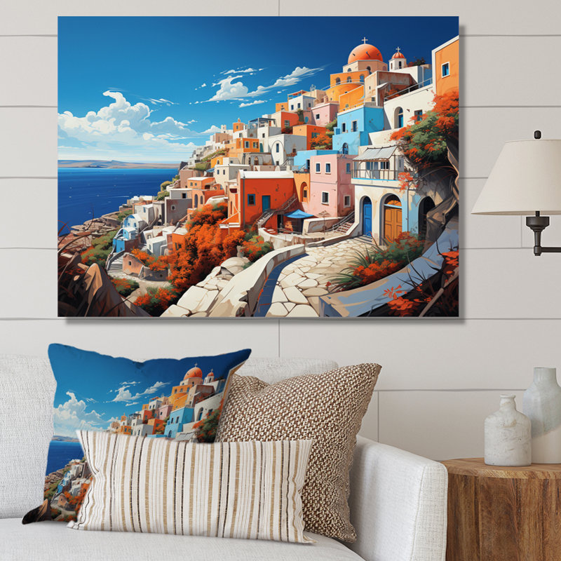 «Colorful Santorini Cityscape City Popape I», reproduction d'art sur toile, Cadre photo argenté, H 34 po x l 44 po x P 1,5 po