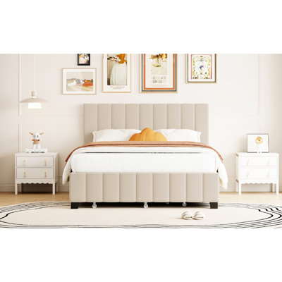 Grand lit tapissier beige avec 2 tiroirs et lit gigogne simple TG - tête de lit