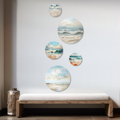 Beige et bleu plage, horizon minimaliste - plage côtière, plage, ensemble d'art mural rond de 5