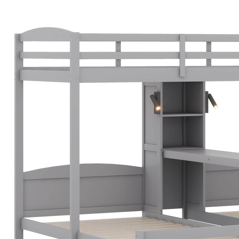 Lit superposé simple au-dessus de simple et simple avec bureau et tablettes de rangement, cadre de lit superposé triple en bois peu encombrant avec éclairage DEL
