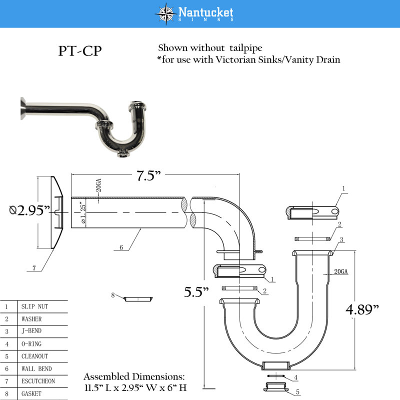 Nantucket Sinks' P-trap With Tailpipe, Chrome