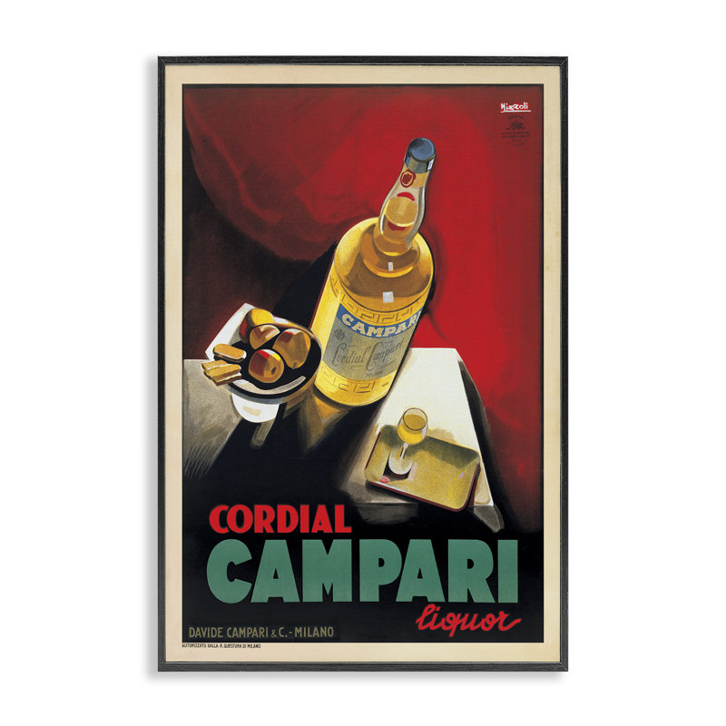 Art antique de giclée de liqueur Compari antique, design par Marcello Nizzoli, H 18 po x l 12 po, Giclée encadrée noir minuit