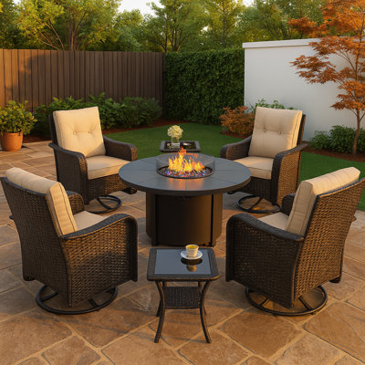 4 Person Outdoor Rocking Swivel Chair Set With Removable Cushions ,Coffee Table And Round Outdoor Fire Pit Table 40,000 BTU
