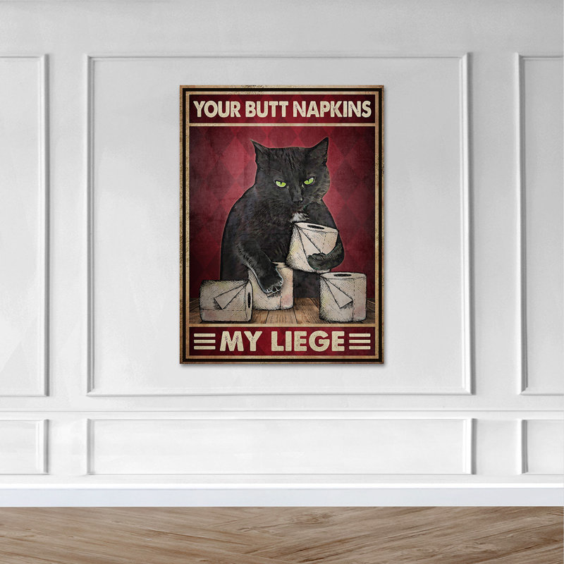 Un chat avec des serviettes de table - Vos serviettes de bout à bout, My Liege, toile tendue avec châssis - Illustration de chat, décor de salon rouge et noir