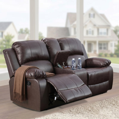 Causeuse inclinable à 2 places pour cinéma maison, canapé double inclinable manuel en similicuir brun foncé avec console de rangement et porte-gobelets