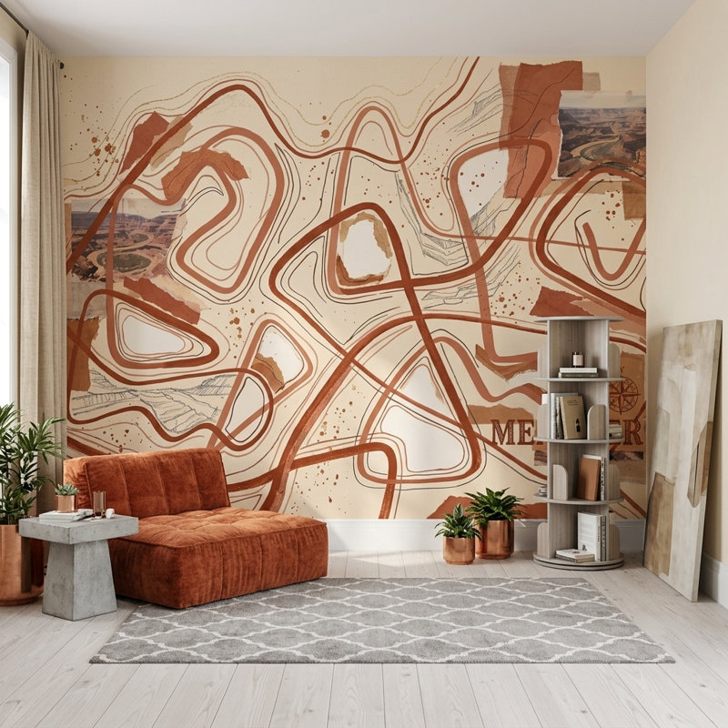 Papier peint abstrait avec lignes topographiques et méandres, 140 po x 108 po, Peler et coller