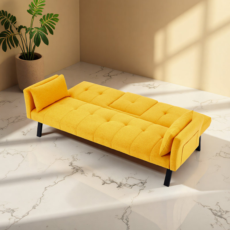 Canapé-lit double en coton et en lin, canapé-lit multifonctionnel avec porte-gobelet et sac de rangement, Jaune