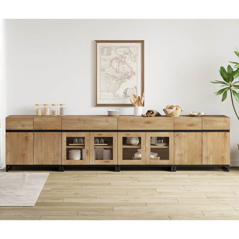 4 In 1 Sideboard Buffet Cabinets With Glass Doors And 2 Drawers, Modern Sideboard Credenza With Adjustable Shelf And Metal Base, Coffee Bar Cabinet Storage Cabinet