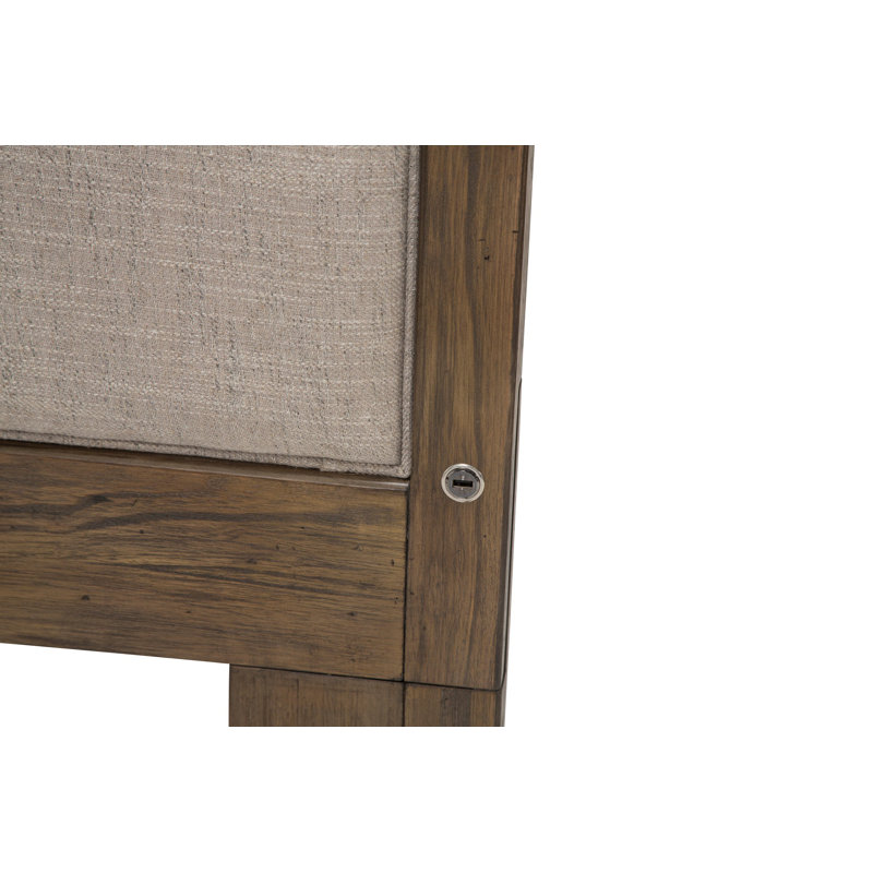 King Dark Brown Acacia Wood Upholstered Bed with Cream Headboard