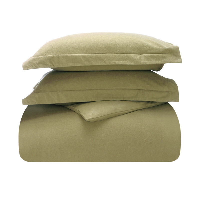 Rome 100% Flannel Cotton Solid Fuzzy Warm Duvet Cover Set, Sage, King Duvet Cover + 2 King Pillow Shams