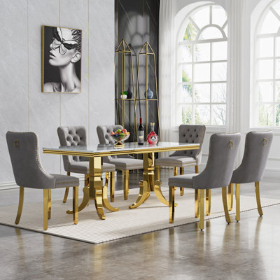 Modern Faux Marble Dining Table Set, Luxury 70" Dining Room Table with Velvet Upholstered Chairs, Luxurious Kitchen Table with Stainless Steel Pedestal, Dining Table Set
