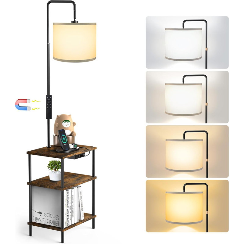 Floor Lamp With Side Table, 3-Tier Shelves, USB & AC Charging Station, Magnetic Remote Control, Stepless Dimmable LED Bulb, Adjustable Color Temperature, Rustic Brown For Living Room, Bedroom