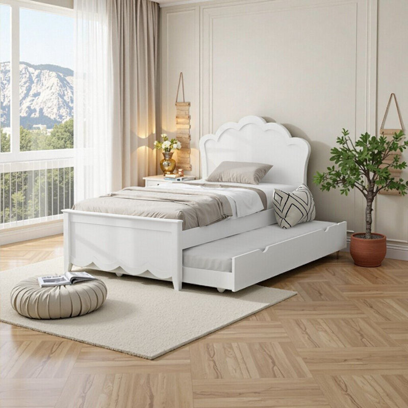 Lit plateforme en bois avec tête de lit et lit gigogne Elegant, Lit simple