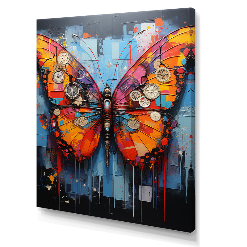 Street art, papillon coloré sur toile, H 44 po x l 34 po x P 1,5 po, Toile tendue