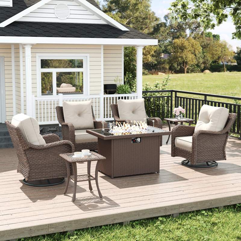  7 Piece Wicker Outdoor Furniture Set with 6-inch Comfy Cushions, High Back Patio Furniture Set with Swivel Rocking Chairs and Fire Pit Table