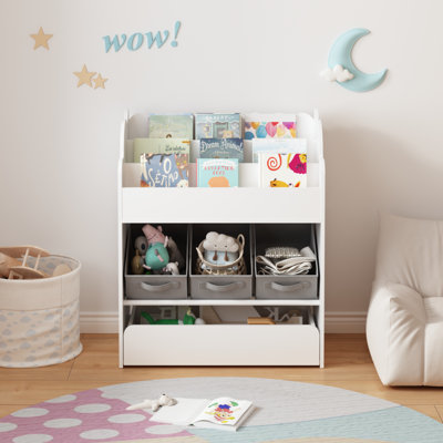 Bibliothèque pour enfants avec bacs de rangement et tiroir, organisateur de livres multifonctionnel en bois pour tout-petits, bibliothèque blanche pour jouets, livres et chambre de bébé