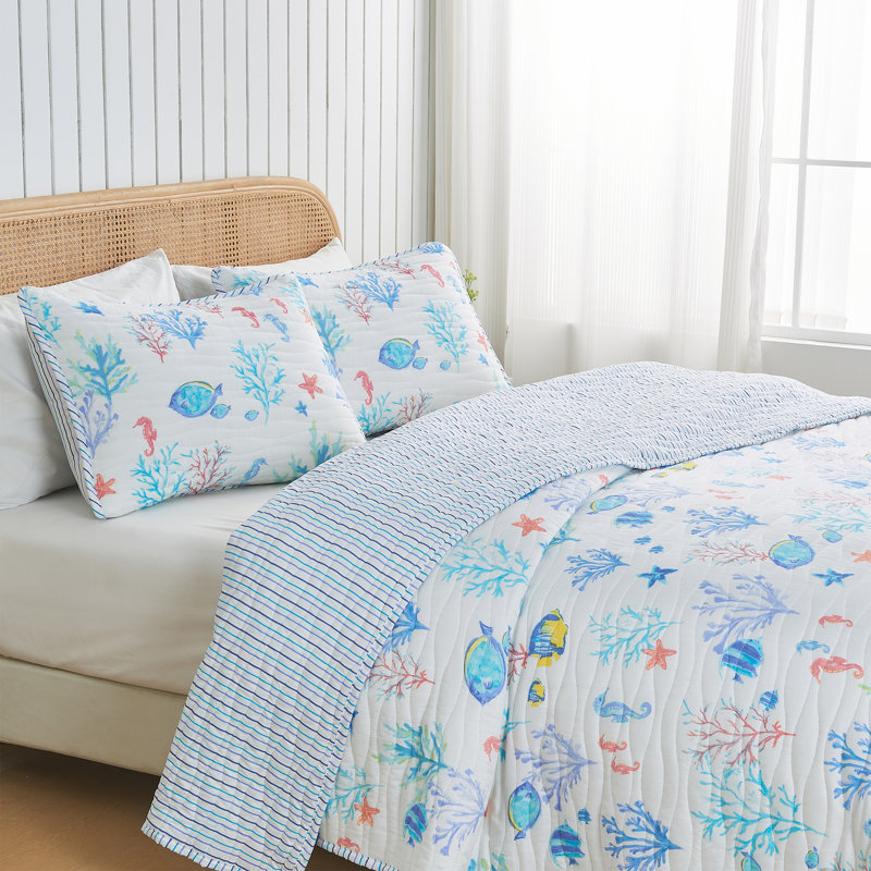 Twin Blue Microfiber Coastal Reversible Quilt Set
