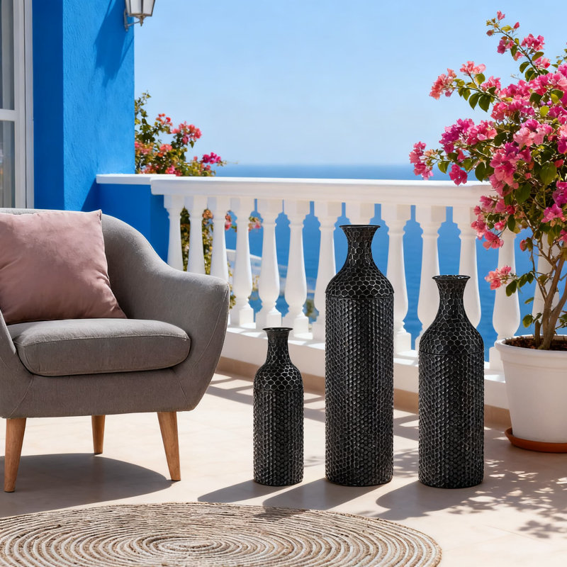 Ensemble de 3 grands vases de plancher en métal martelé, vases cylindriques rustiques surdimensionnés avec conception emboîtable pour la décoration intérieure, le salon, l'entrée ou le coin