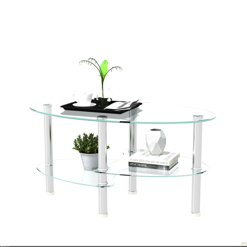 Table basse transparente ovale en verre, table moderne avec pieds en acier inoxydable, table basse en verre à 3 couches