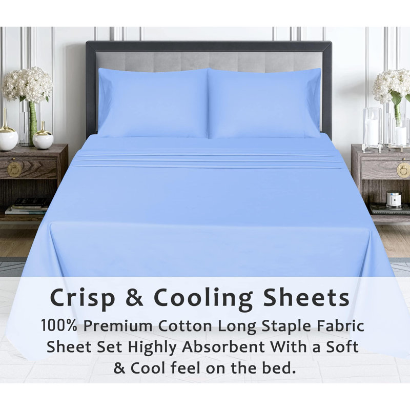 100% Cotton Sheets Sets Soft Crispy Percale Cooling Sheets 16 Inch Deep Pocket Bed Sheets, Queen Sheet Set with 2 Pillowcase