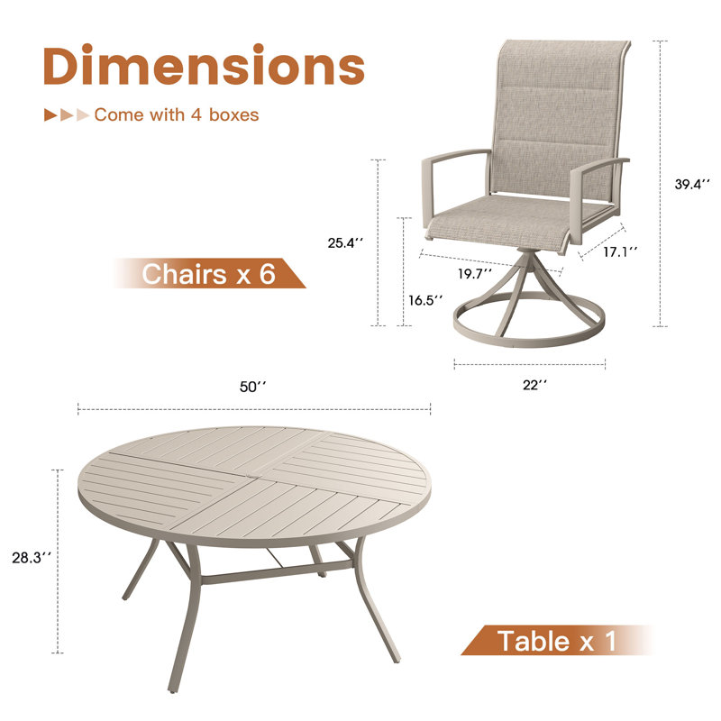 6-Person Patio Dining Set with Round Patio Dining Table and Padded Swivel Chairs, Cream/Sandshell