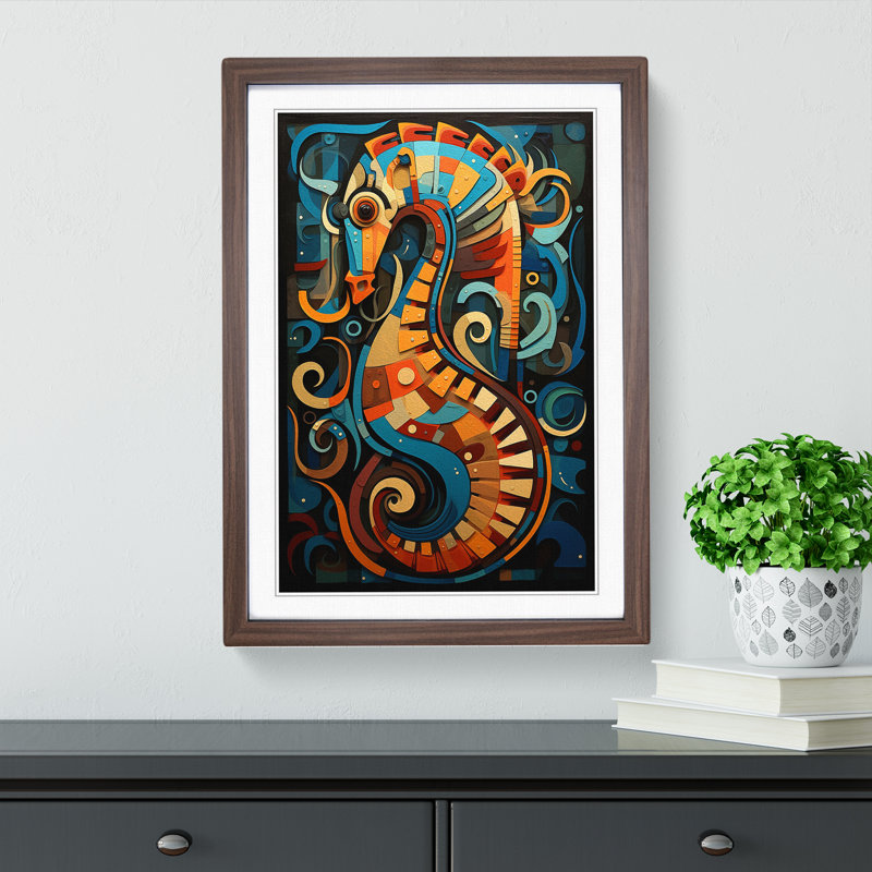 Seahorse Constructivism - Single Picture Frame Print on Wood, 64cm H x 46cm W x 2cm D, Walnut