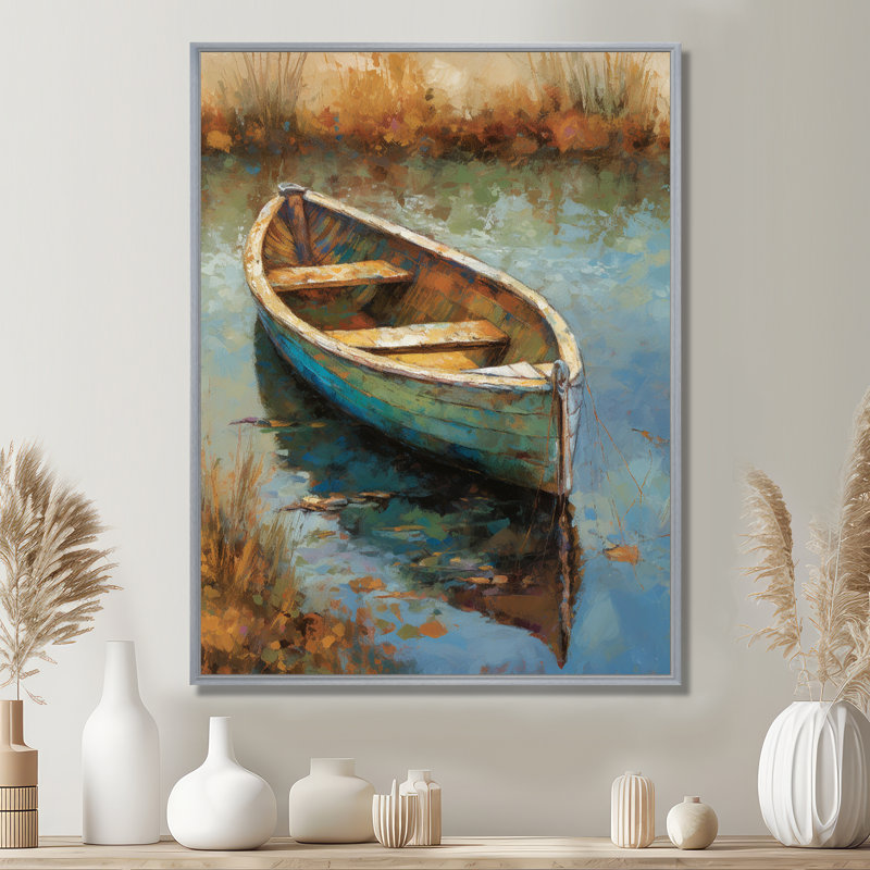 «Lake Serenity Dinghy Boat Resting On The Water I», art mural Lakehouse, H 32 po x l 24 po x P 1 po, Cadre argenté flottant