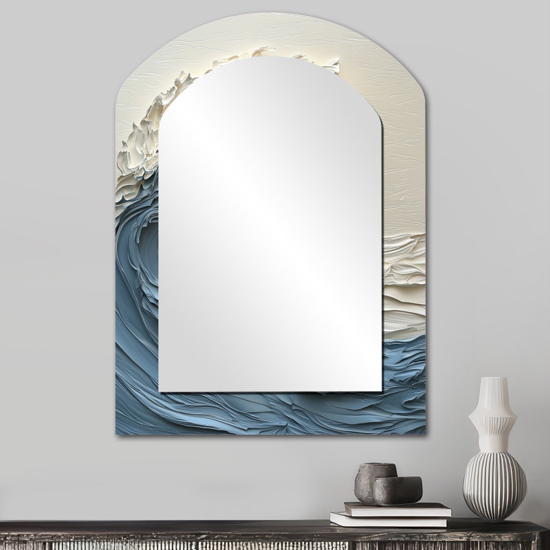 Blanc et bleu Papercut style vague IV - miroir asymétrique vagues, miroir mural décoratif arche blanche, impression d'art en métal