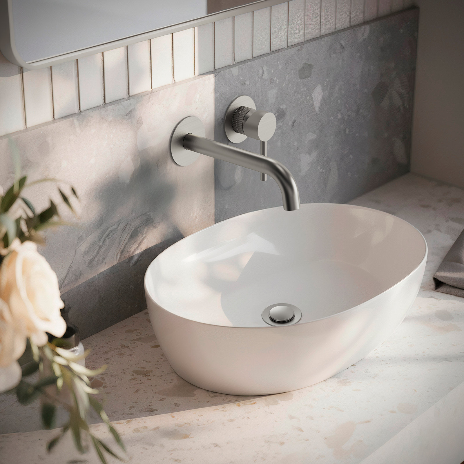 Wall-Mounted Bathroom Faucet with Drain, Brushed Nickel