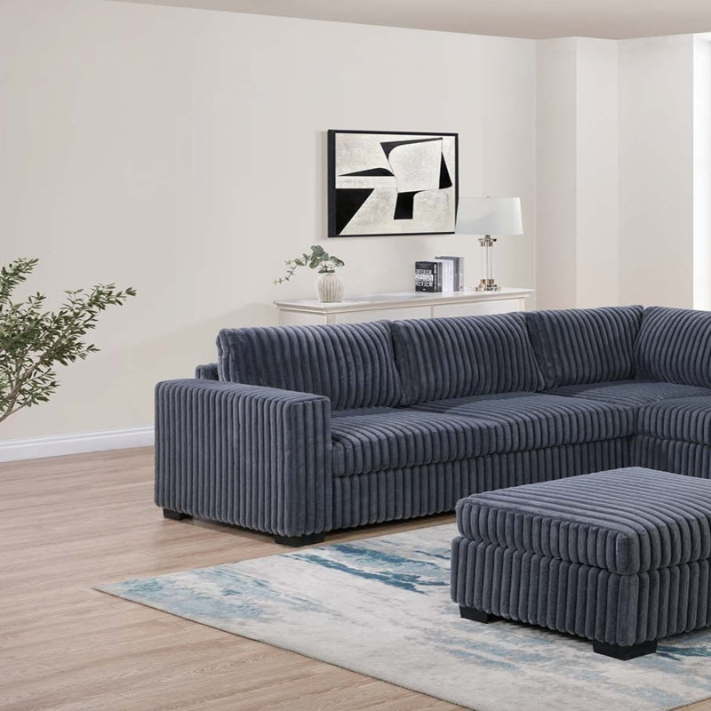 Contemporary 5Pcs Modular Sectional Set One Arm Chairs Armless Chair Ottoman L-Shaped Sectional Mineral Morgan Fabric