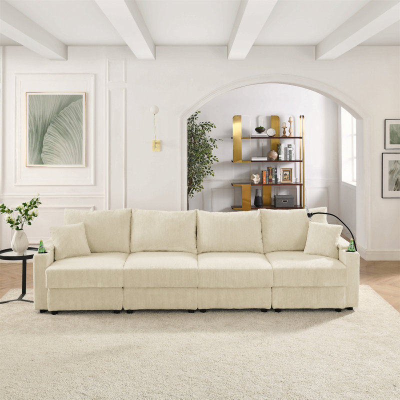 Canapé moderne à 4 places avec rangement, canapé à assise profonde avec porte-gobelets et porte-téléphone, canapé en velours côtelé beige pour le salon