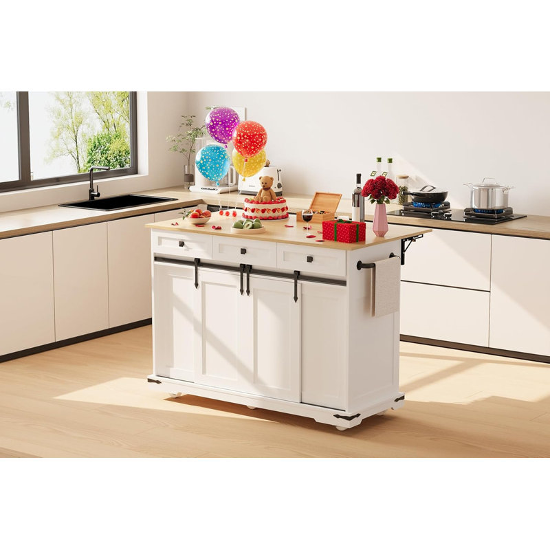 Large Rolling Kitchen Island Cart with Power Outlet, 3 Drawers, Drop Leaf, Trash Can Storage, Spice Rack & Towel Rack, 54" Mobile Table