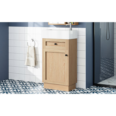 Meuble-lavabo de 18,5 po de style rustique, lavabo réversible en résine, fabrication d'armoire, tablette intérieure réglable pour un rangement personnalisé, poignées élégantes en alliage de zinc, surface en grain de bois, lavabo à fermeture en douceur,