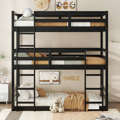 Triple Rubber Wood Bunk Bed with Two Built-in Ladders, Guardrails, and Detachable Design for Maximum Space Efficiency