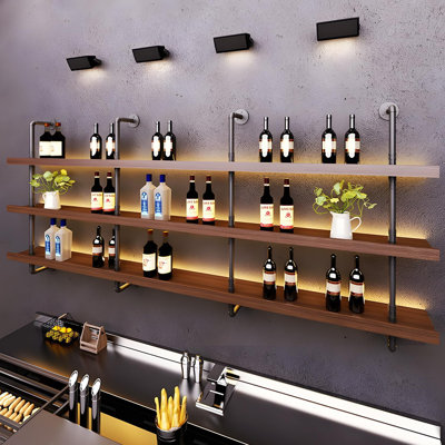 Solid Wood Wall Mounted Wine Rack, Large Bar Shelf With Led Light, 3-Tiers Floating Bar Shelves, Industrial Pipe Bar Shelf, For Home Bar, Dining Room & Kitchen (100Cm/39.3In)