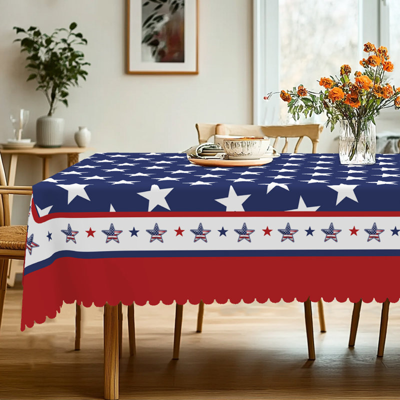 1pc Independence Day Dagostino - American Flag Star Design Patriotic Red White Blue Decor, Polyester Round/Rectangular Table Cover For 4th Of July Parties, BBQ, Picnic, Indoor & Outdoor Home Independence Day Decorations, Edge Embossing Table Cover