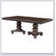 Table de salle à manger traditionnelle à double piétement avec rallonge séparée et finition cerisier chaleureuse, idéale pour les réunions de famille.