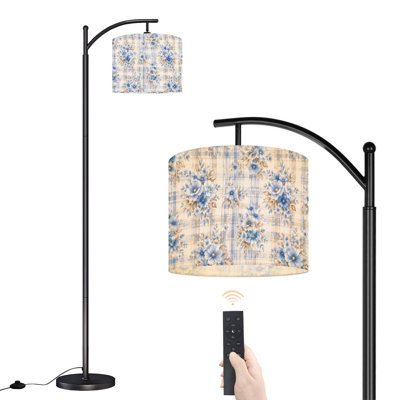  Arc Floor Lamp Blue Floral Plaid Soft Brown Accents Heart Detail Tall Modern Standing Lamp LED Adjustable Linen Lampshade 3 Color Temperatures